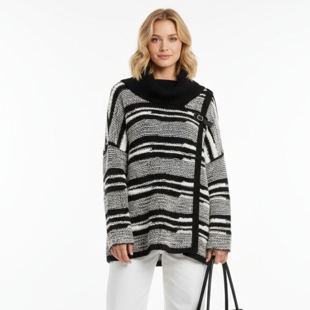 Calvin Klein Black & White Woven Knit Drape Neck Oversized Sweater L/XL